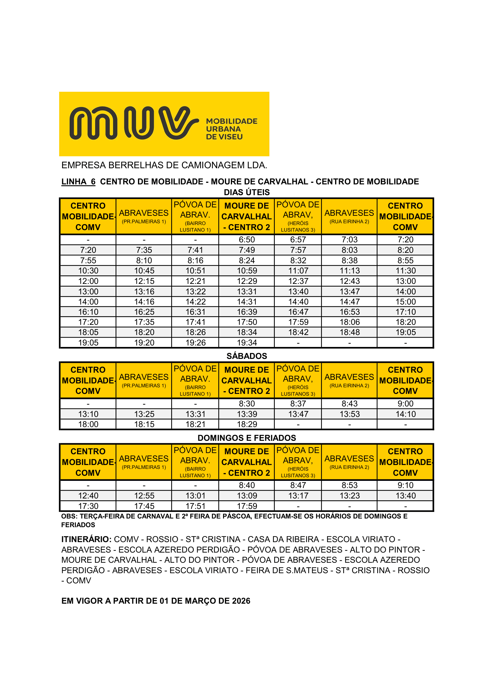 Full Schedule - COMV – MOURE DE CARVALHAL L6