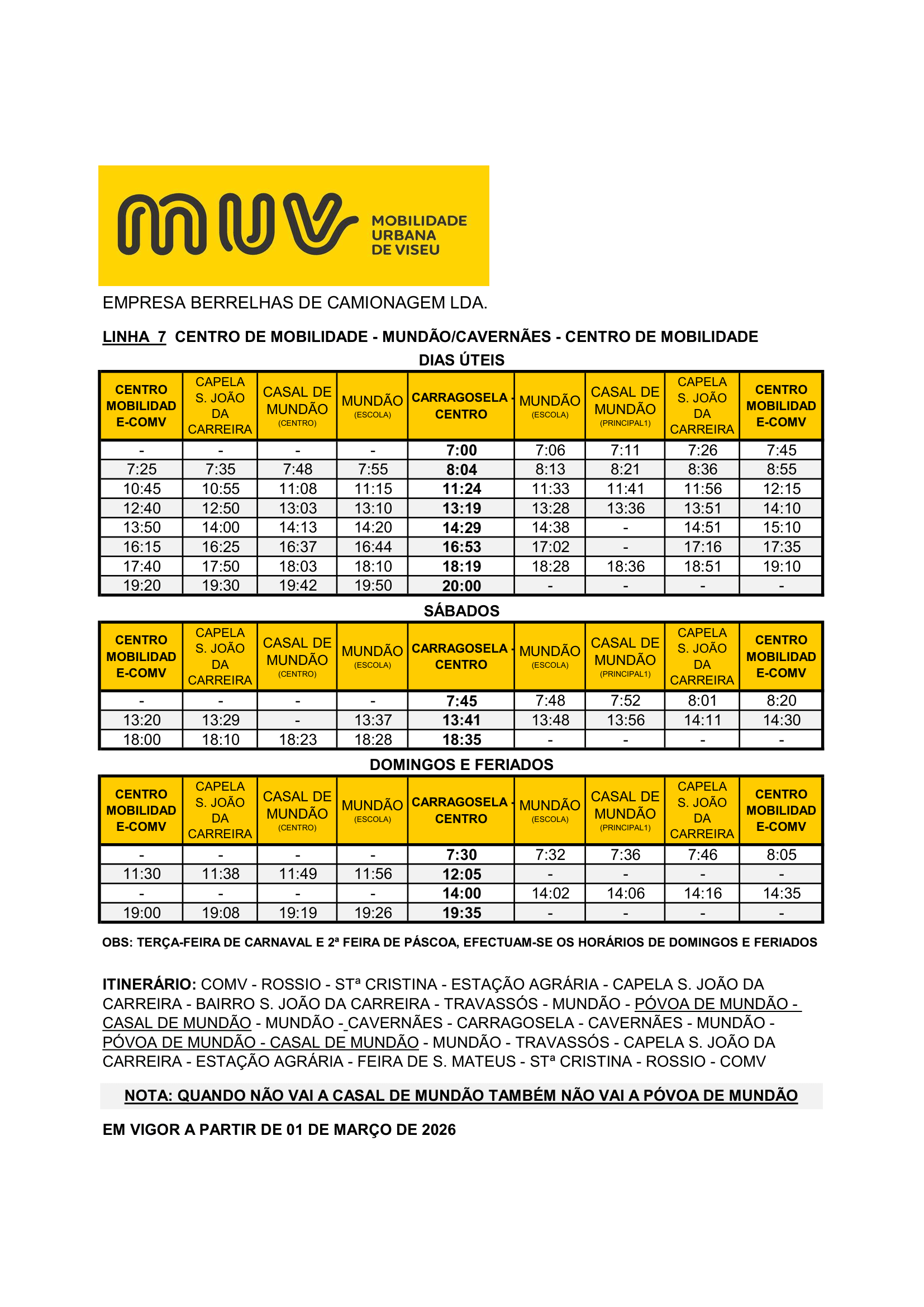 Full Schedule - COMV – MUNDÃO/ CAVERNÃES L7 (IDA)