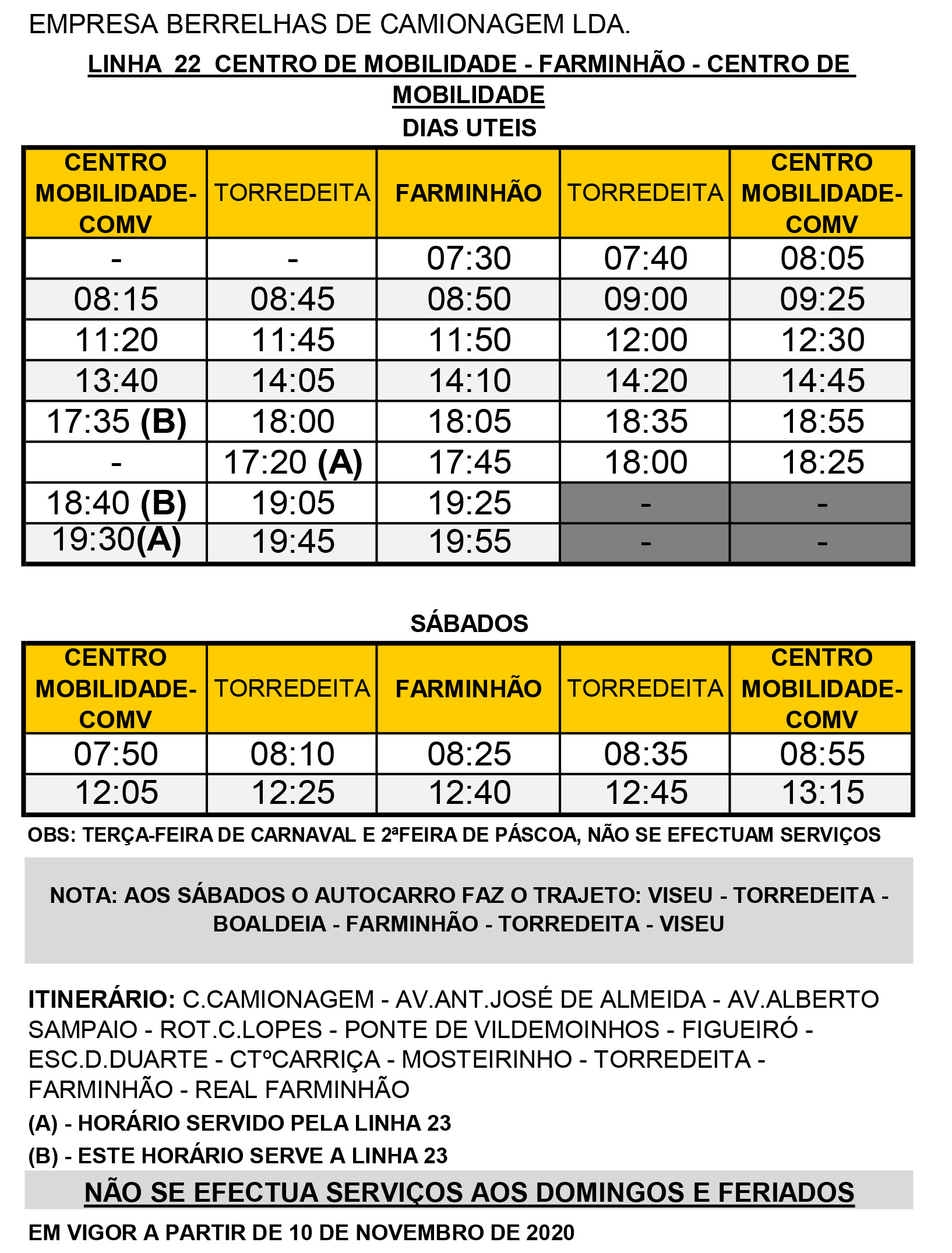 Horário Completo - COMV – Farminão L22 (Ida e Volta)