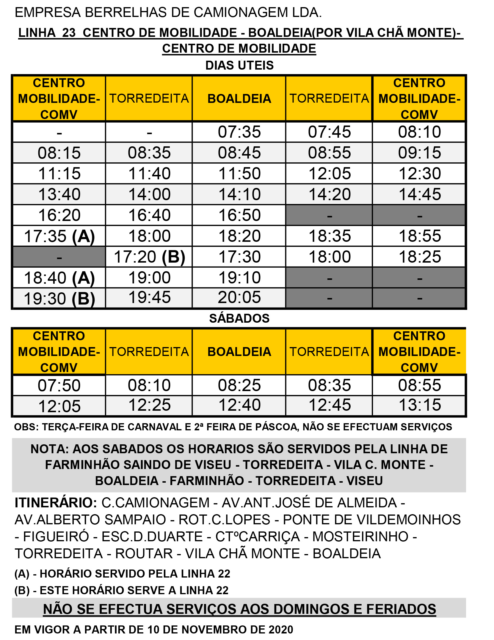 Horário Completo - COMV – Boaldeia L23 (Ida e Volta)
